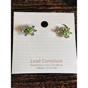 Silver Tone Green Rhinestone Turtle Stud Earrings Sea Animal Jewelry New
